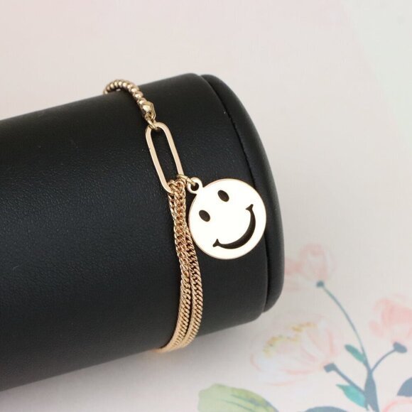 "Rose Gold Bracelet with Smiley Charm, Dual Chain, XPBL1090 - Picture 7 of 12